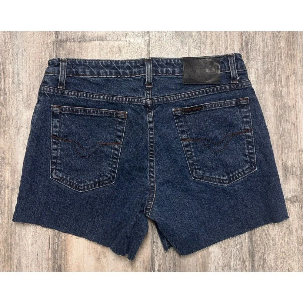 Harley-Davidson Y2K Biker Cut Off Denim Shorts Dark Wash Raw Hem Size 10